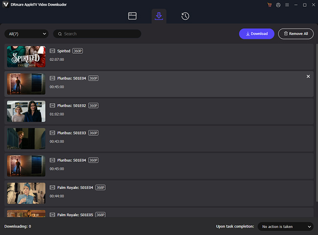 Screenshot of DRmare AppleTV Video Downloader showing a dark theme list of videos with thumbnails and durations in a queued download interface.