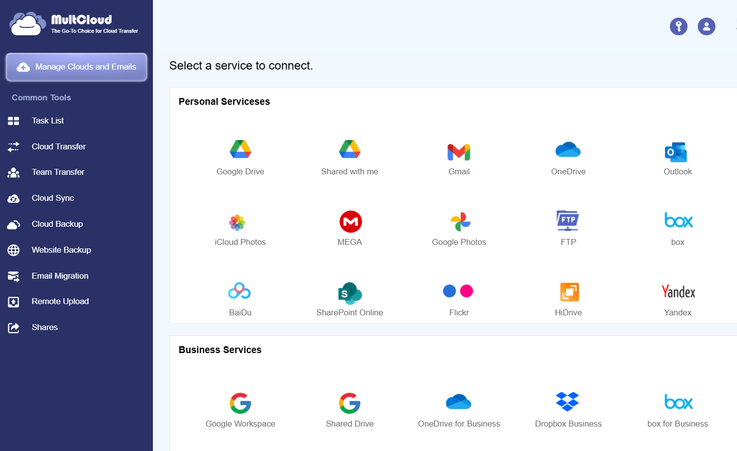 Dashboard with a left navigation menu and a grid of cloud services to connect (Personal and Business) on the main area.