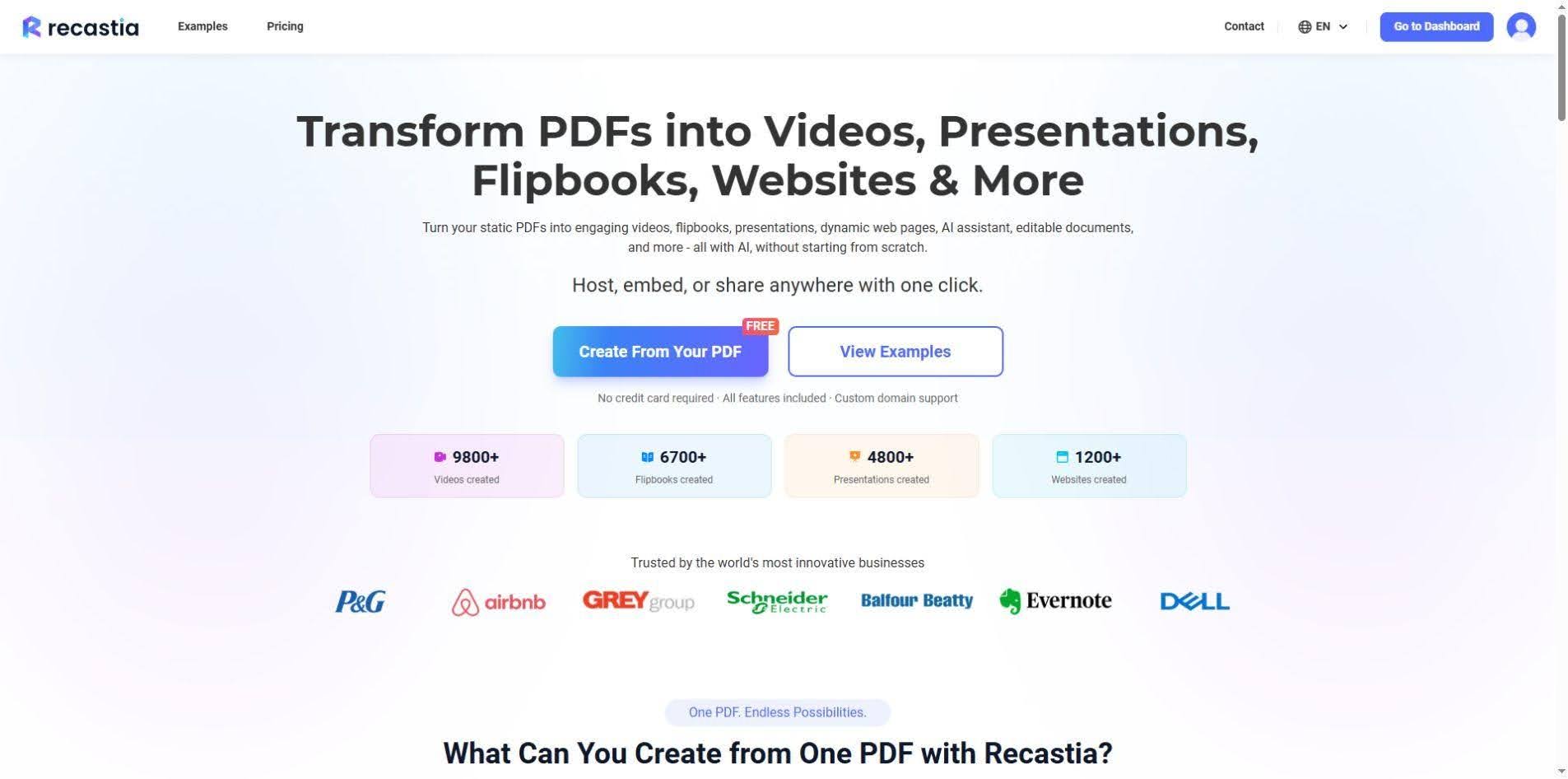 Hero section promoting transforming PDFs into videos and other formats with two call-to-action buttons: Create From Your PDF and View Examples, plus usage stats and partner logos.